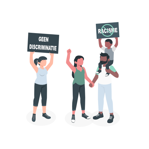 Vier mensen (twee met een spandoek) komen op tegen discriminatie en racisme - bron: https://storyset.com/event. Event illustrations by Storyset
