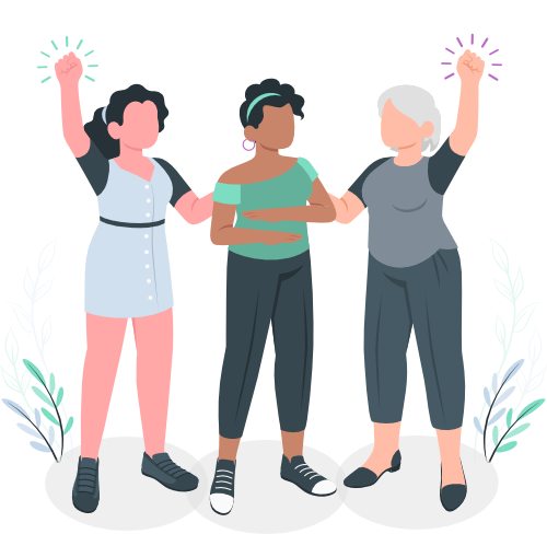 Drie vrouwen vieren vrouwendag - bron: https://storyset.com/event. Event illustrations by Storyset